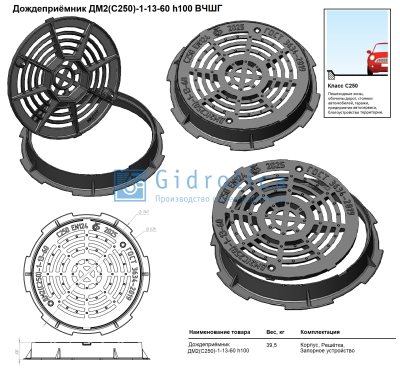 Дождеприемник магистральный круглый ДМ2(С250)-1-13-60, h100 мм