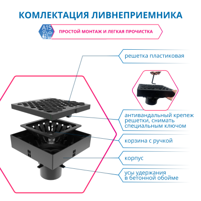 Ливнеприемник Gidrolica ЛП-25.25.20, комплект: корпус, корзина с ручкой, решетка с крепежом пластиковая соты кл. А15